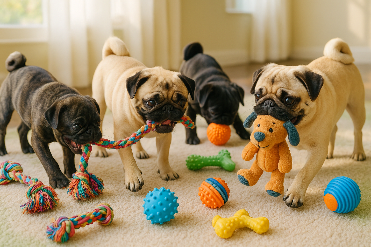 Pugs playing with new toys 